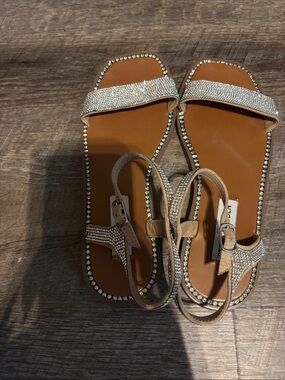 Steve Madden Tan Crystal-Embellished Flat Sandals